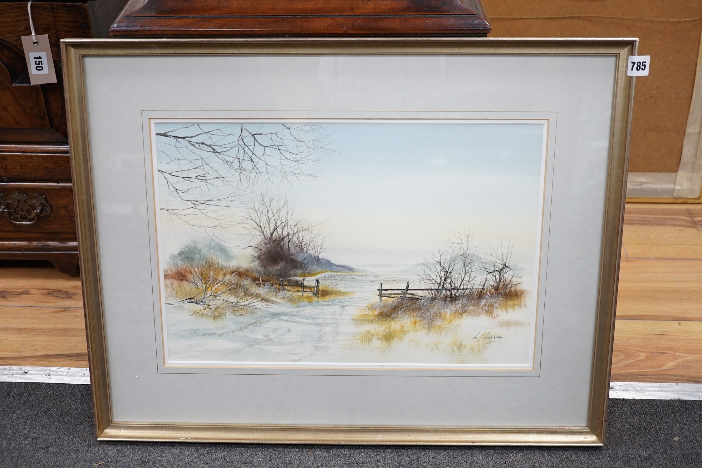 K J Mossen, watercolour, Winter rural landscape, signed, 29 x 45cm